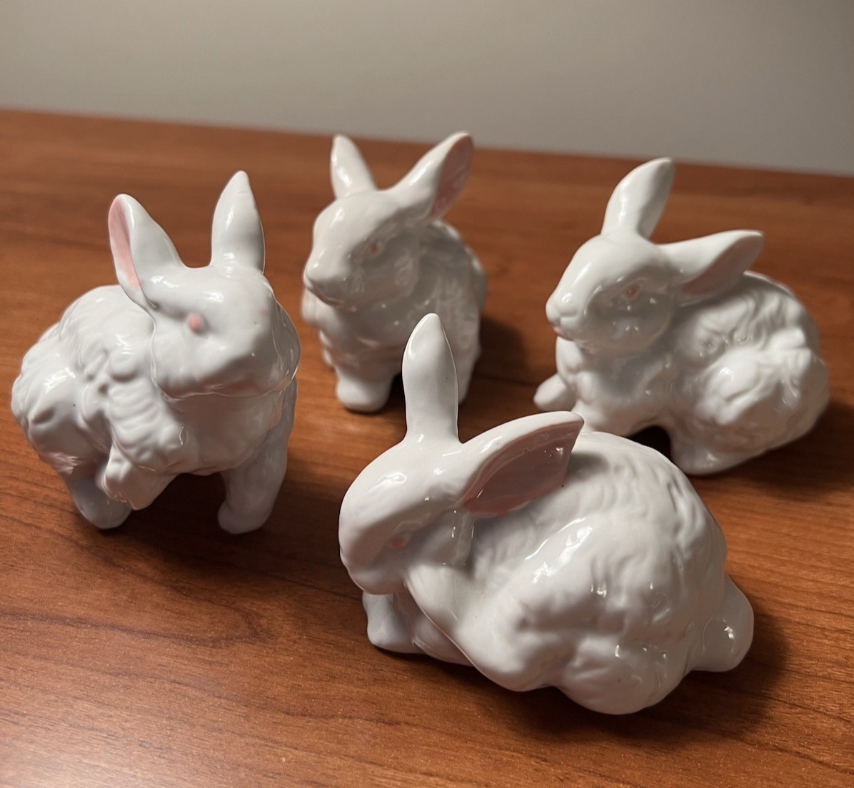 Set of 4 Vintage Ceramic White Bunnies with Pink Ears and Eyes
