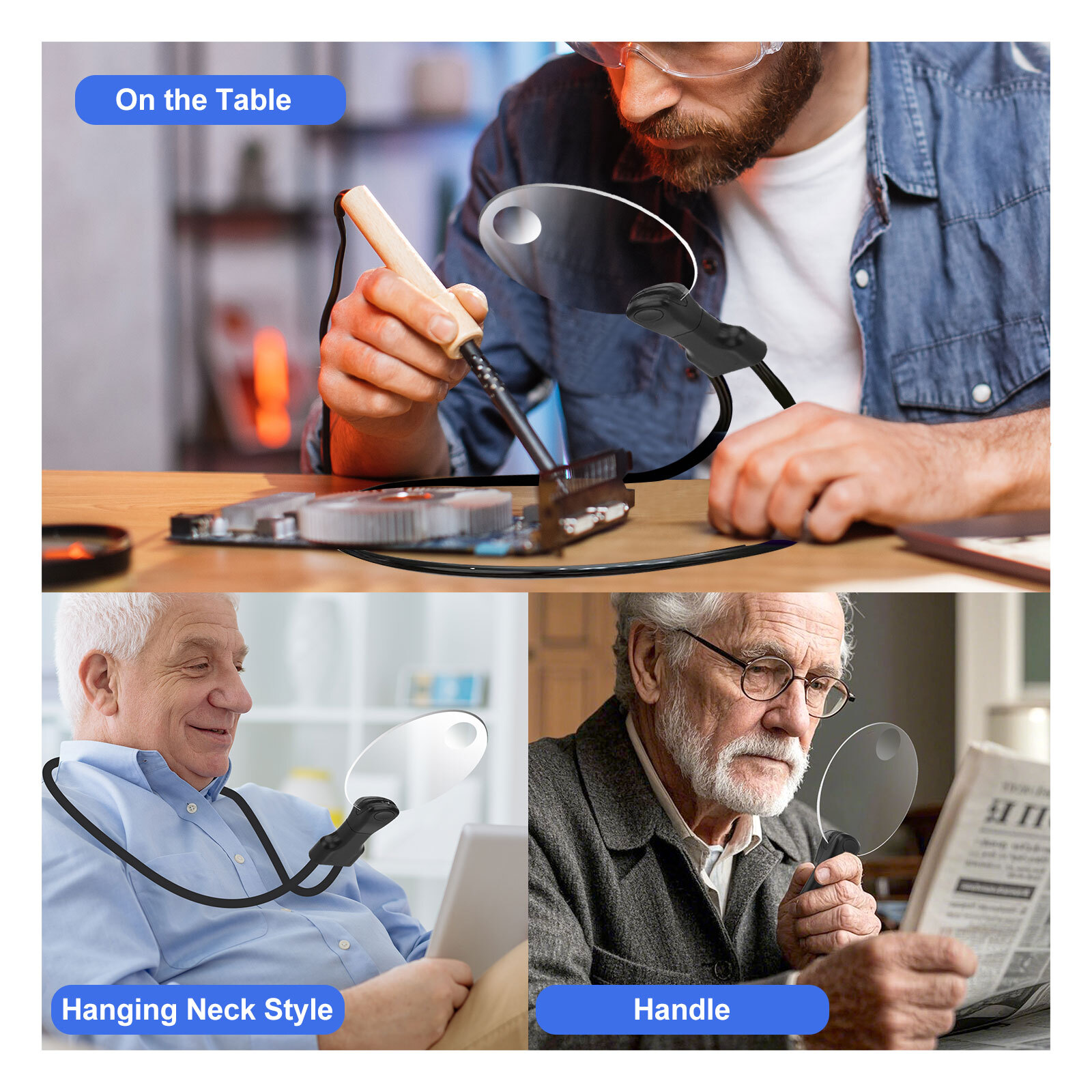 3X Detachable Hands-Free Neck Wear Magnifying Glass for Low Vision Seniors
