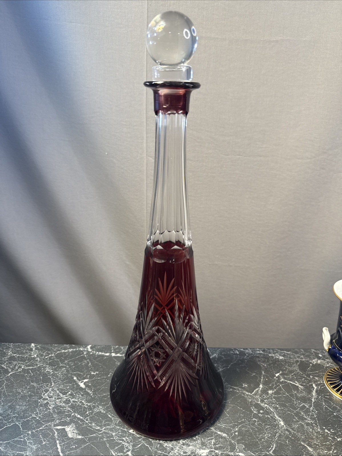 Vintage Bohemian Cranberry to Clear Cut Glass Crystal Decanter with Stopper
