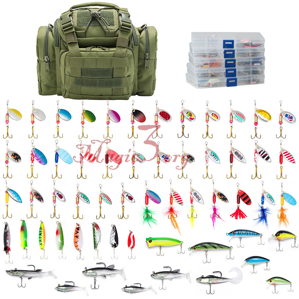 Fishing Tackle Bag Loaded 60pcs Spoon Lure Crankbait 5 Box Storage Mixed Lot US