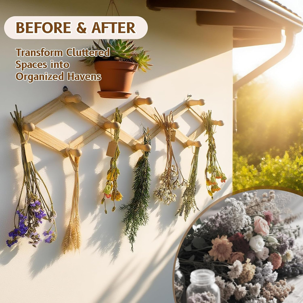 Rustic Adjustable Hanging Herb Drying Rack-Holds 10 Bouquets, Space-Saving Herb