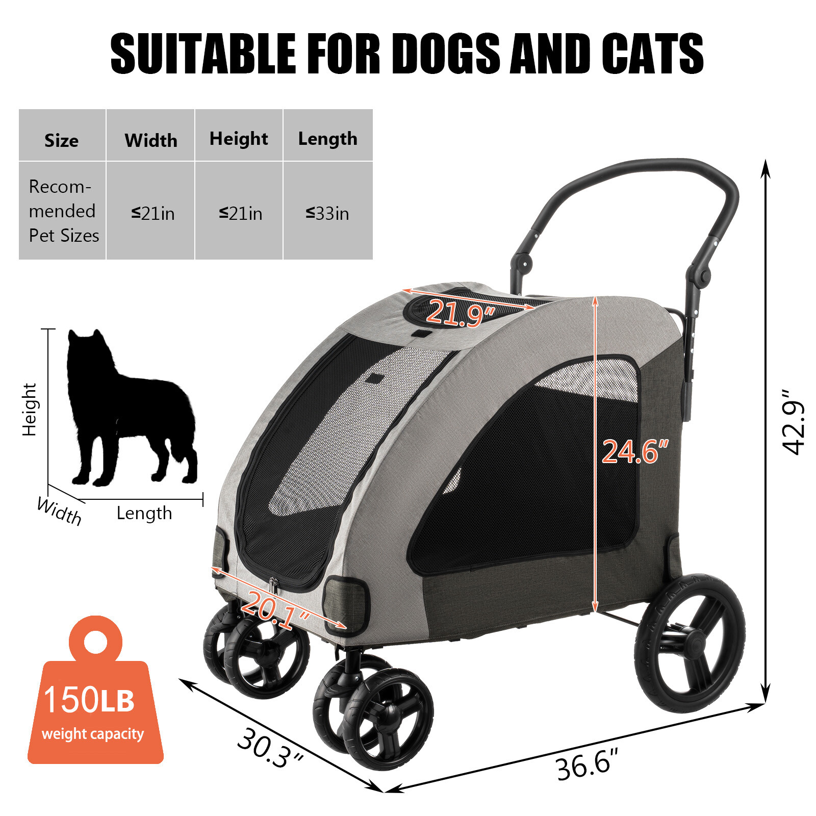 Pet Stroller Up to 150lbs for Medium/Large Dogs and Cats 4-Wheel Travel Carriage