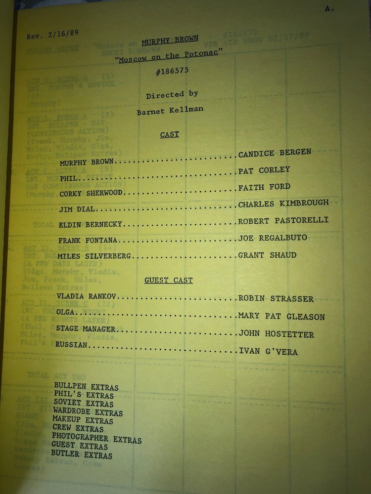 Authentic Script From Murphy Brown ”Moscow On The Potomac” With Original Notes