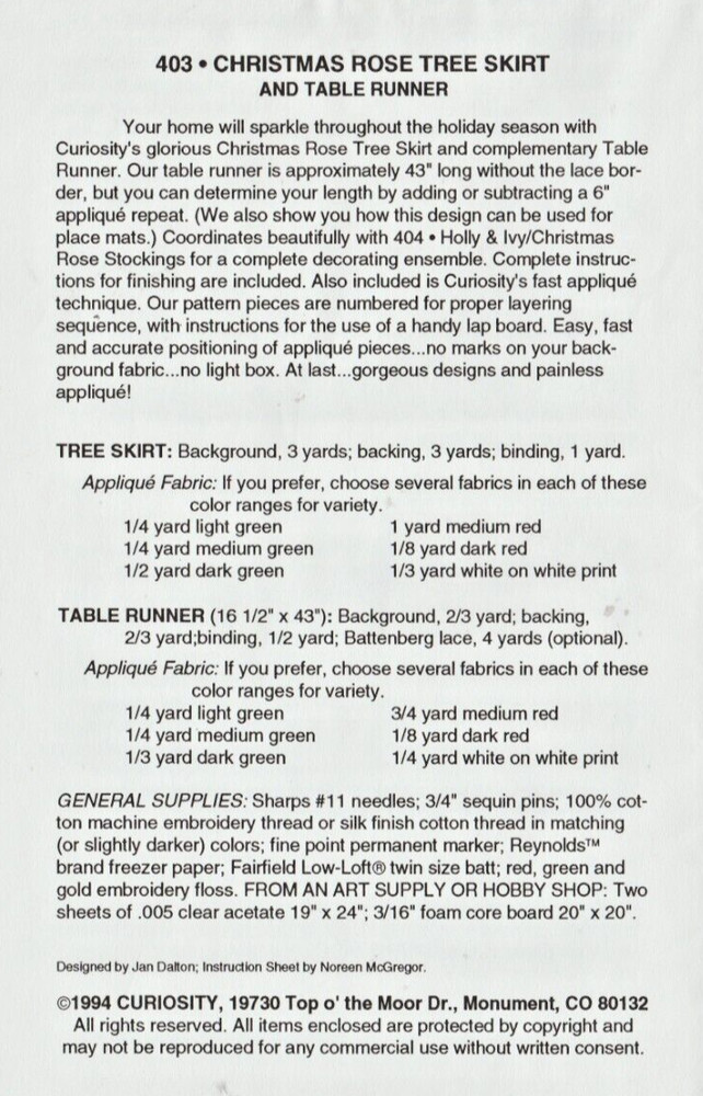 CHRISTMAS ROSE TREESKIRT & TABLE RUNNER Applique SewingPattern #403 by Curiosity