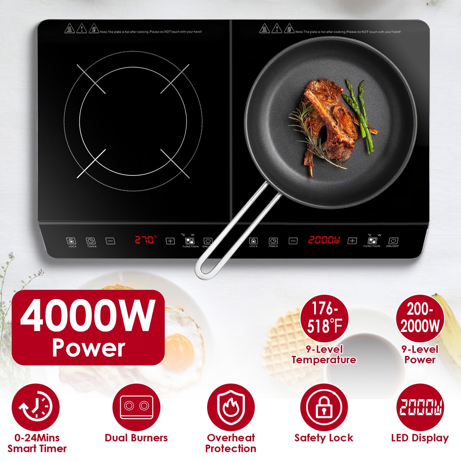4000W Induction Cooktop Countertop Dual Cooker Burner Stove Hot Plate 9 Power