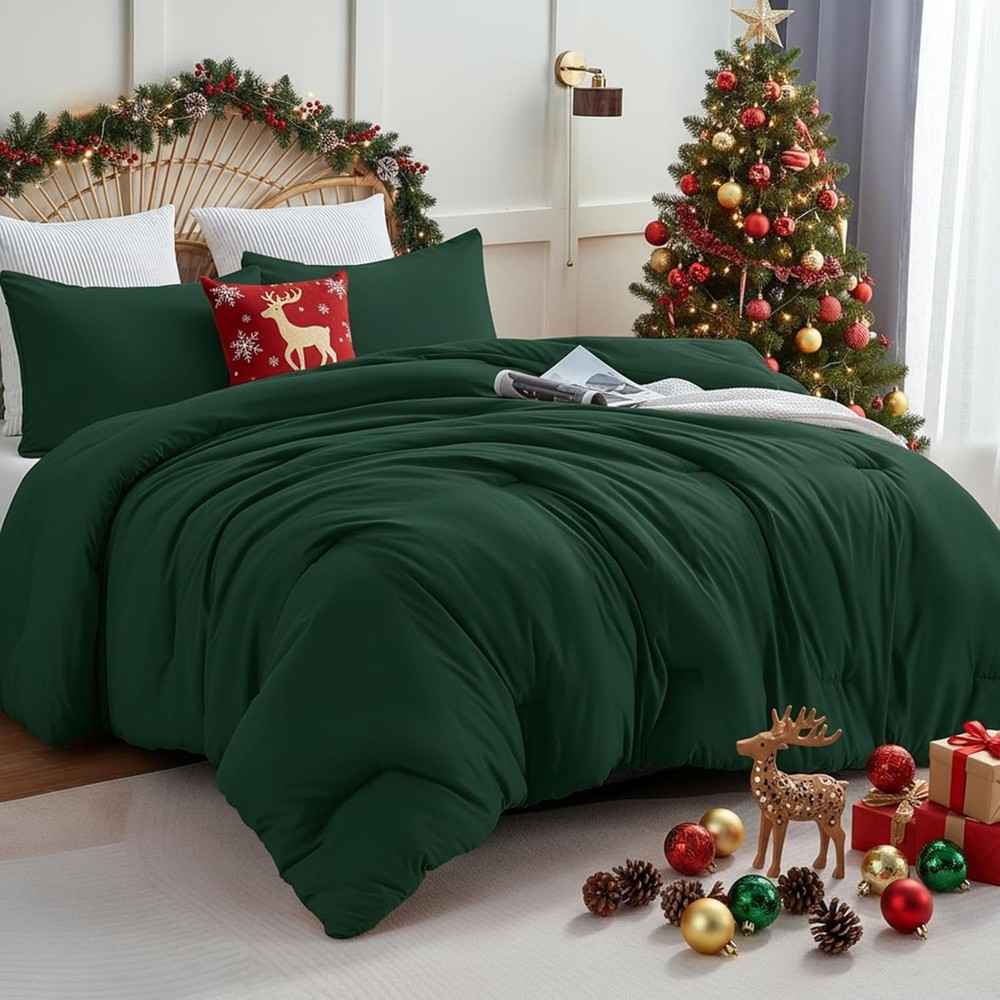Dark Emerald Green Queen Comforter Set, 3 Pieces Solid Breathable Quilted Bed...