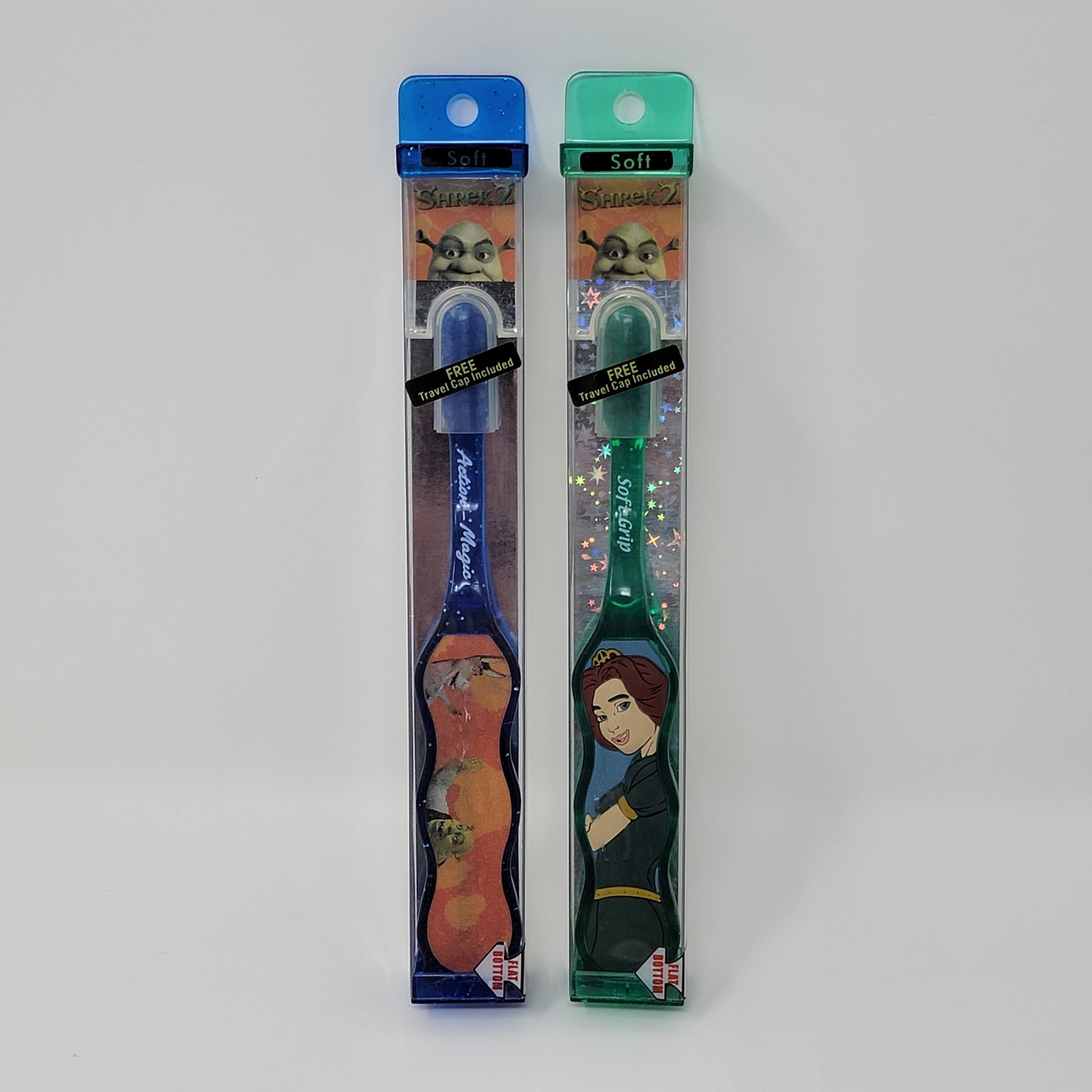 2 Happee Care Shrek 2 Soft Grip Toothbrush + Travel Cap Fiona Donkey Lenticular