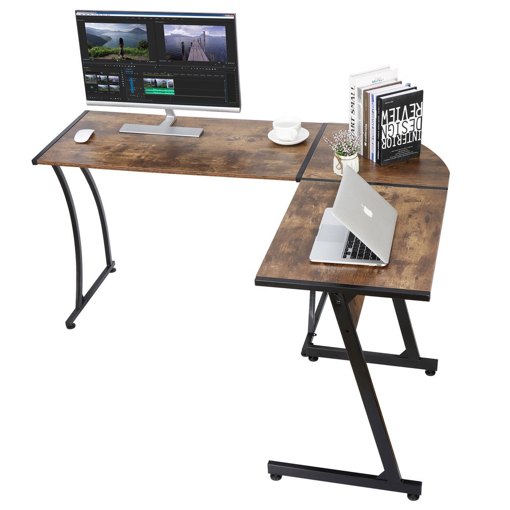58"L-Shaped Gaming Desk Reversible MDF Computer Corner Laptop Table Rustic Brown