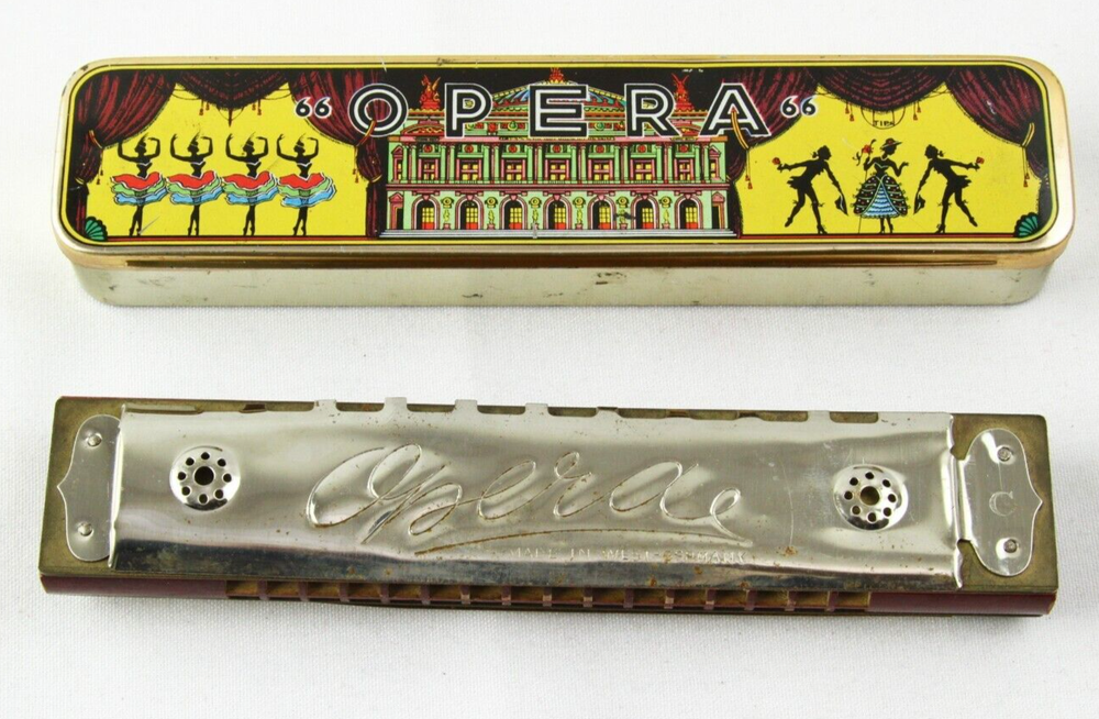 VINTAGE OPERA HARMONICA MADE IN WEST GERMANY WITH TIN CASE 6-1/2"