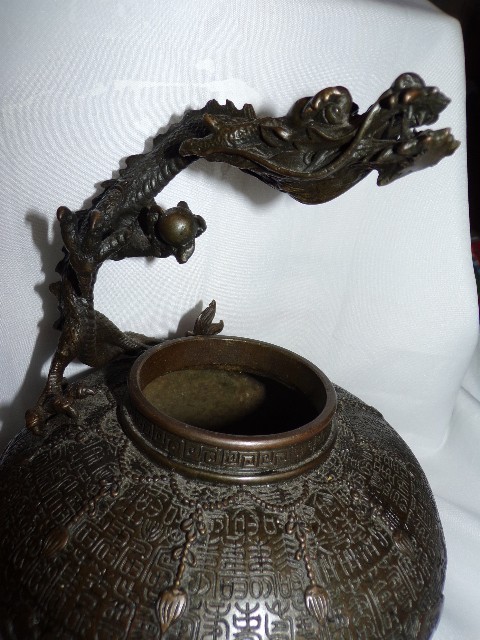 Antique Chinese Bronze Dragon Incense Burner Censer 9"