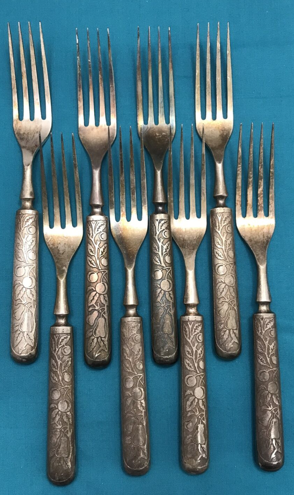 8 Pc Silverplated Solid Bolster Forks UNIDENTIFIED Pears & Cherries 1847 Rogers