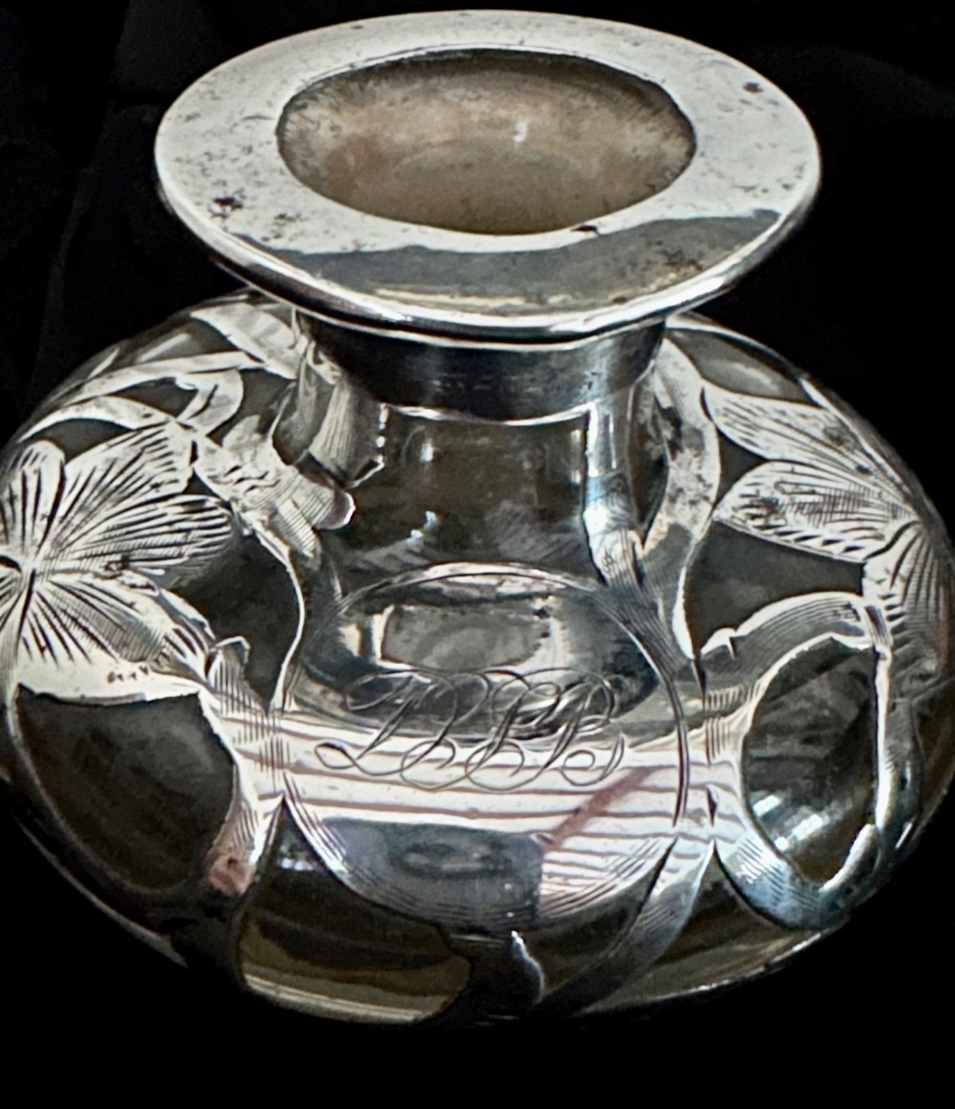 Antique Art Nouveau Sterling Silver Overlay Clear Glass Scent/Perfume Bottle