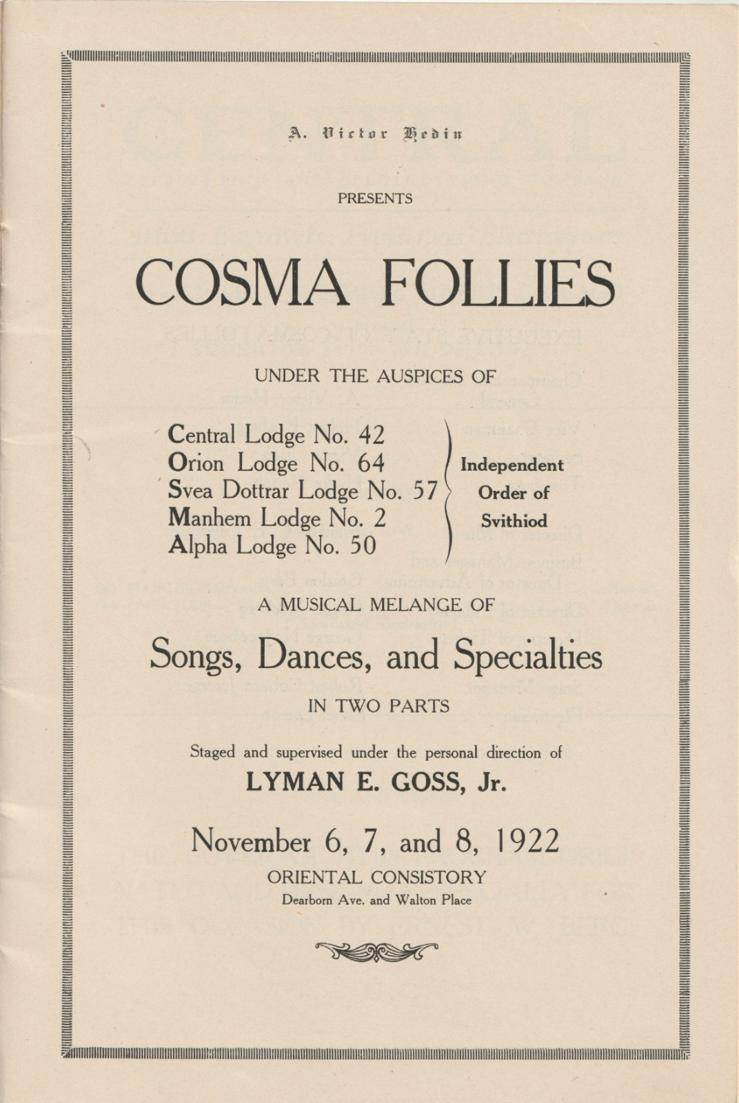 1922 Chicago Theater Program Cosma Follies Vaudeville Minstrel Show Masonic Hall