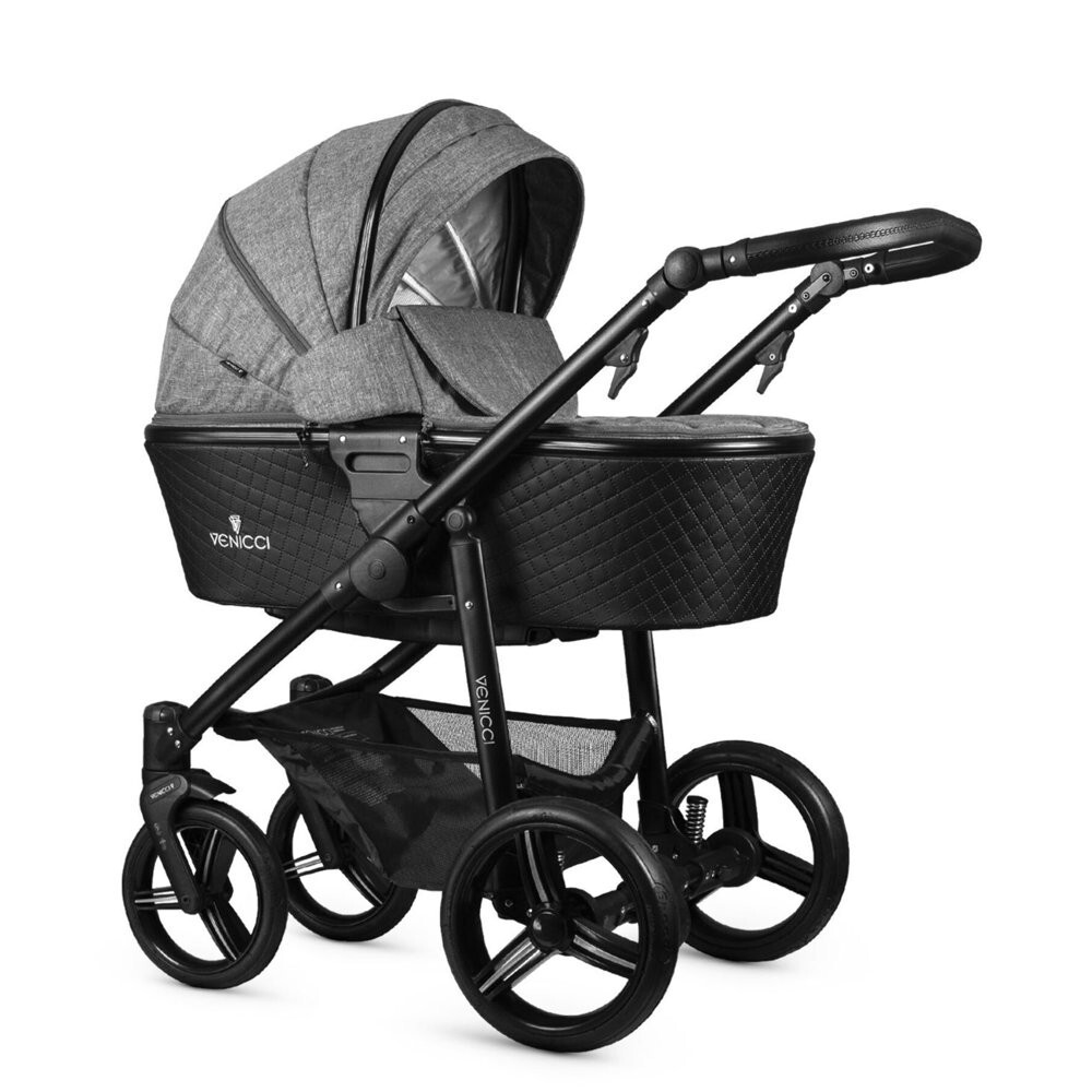 Venicci Shadow Stroller with Bassinet - Denim Grey/Black Frame