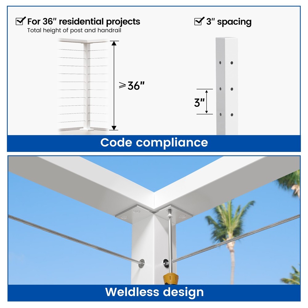 Muzata 36"x2"x2" T-Corner Cable Railing Post White Flat Top Square Post PS02