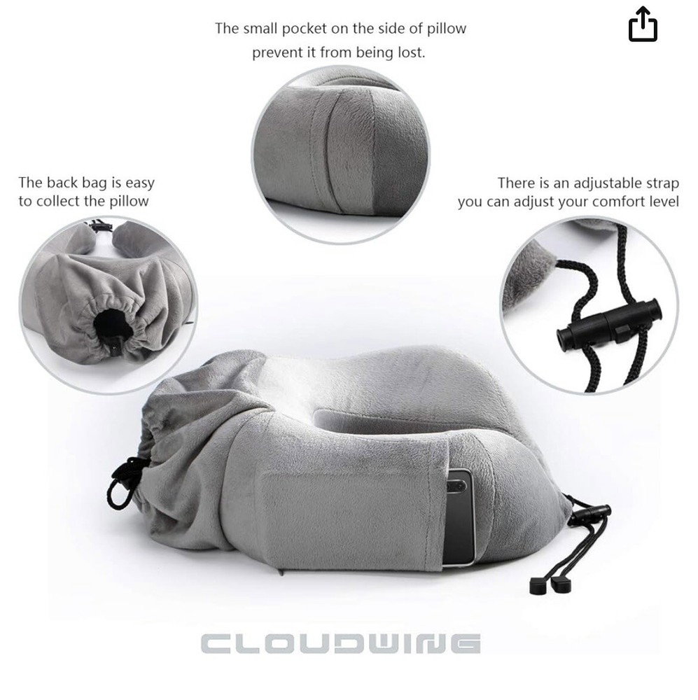 Travel Pillow Memory Form Grey Cloud wings With Bag