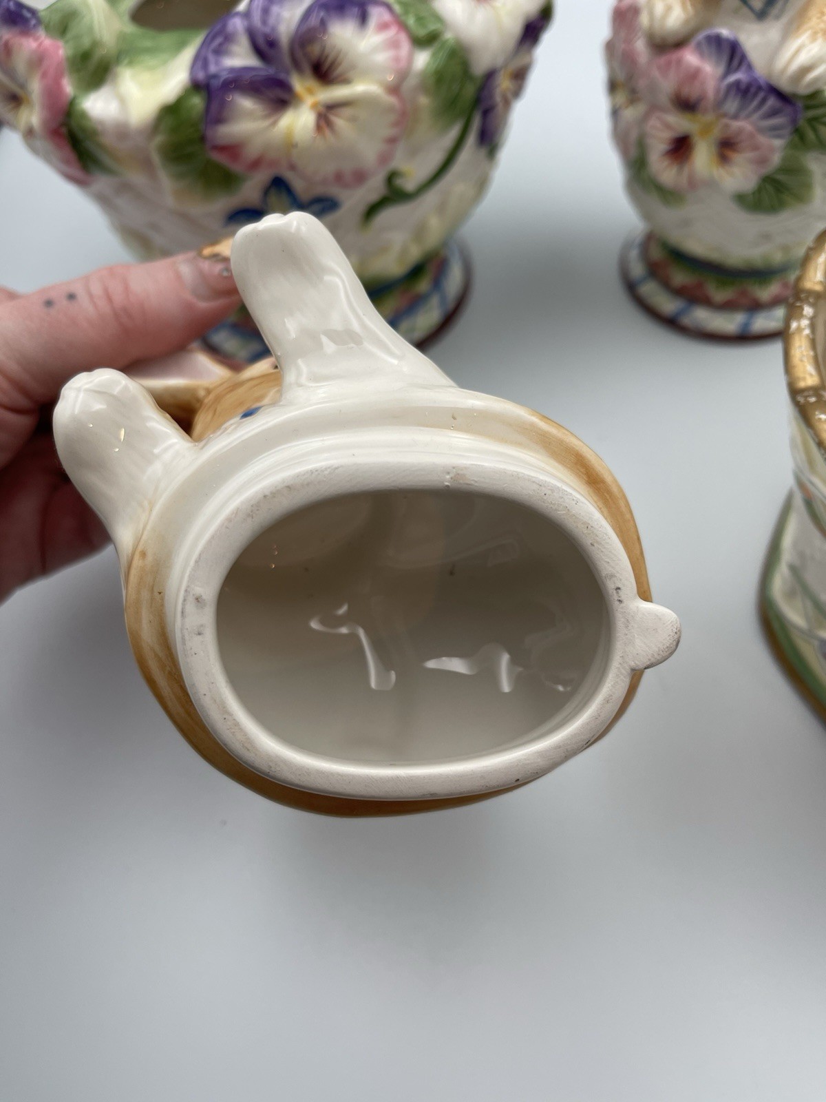 Fitz & Floyd Halcyon Bunny Teapot Sugar Jar Planter Set Easter Spring Floral