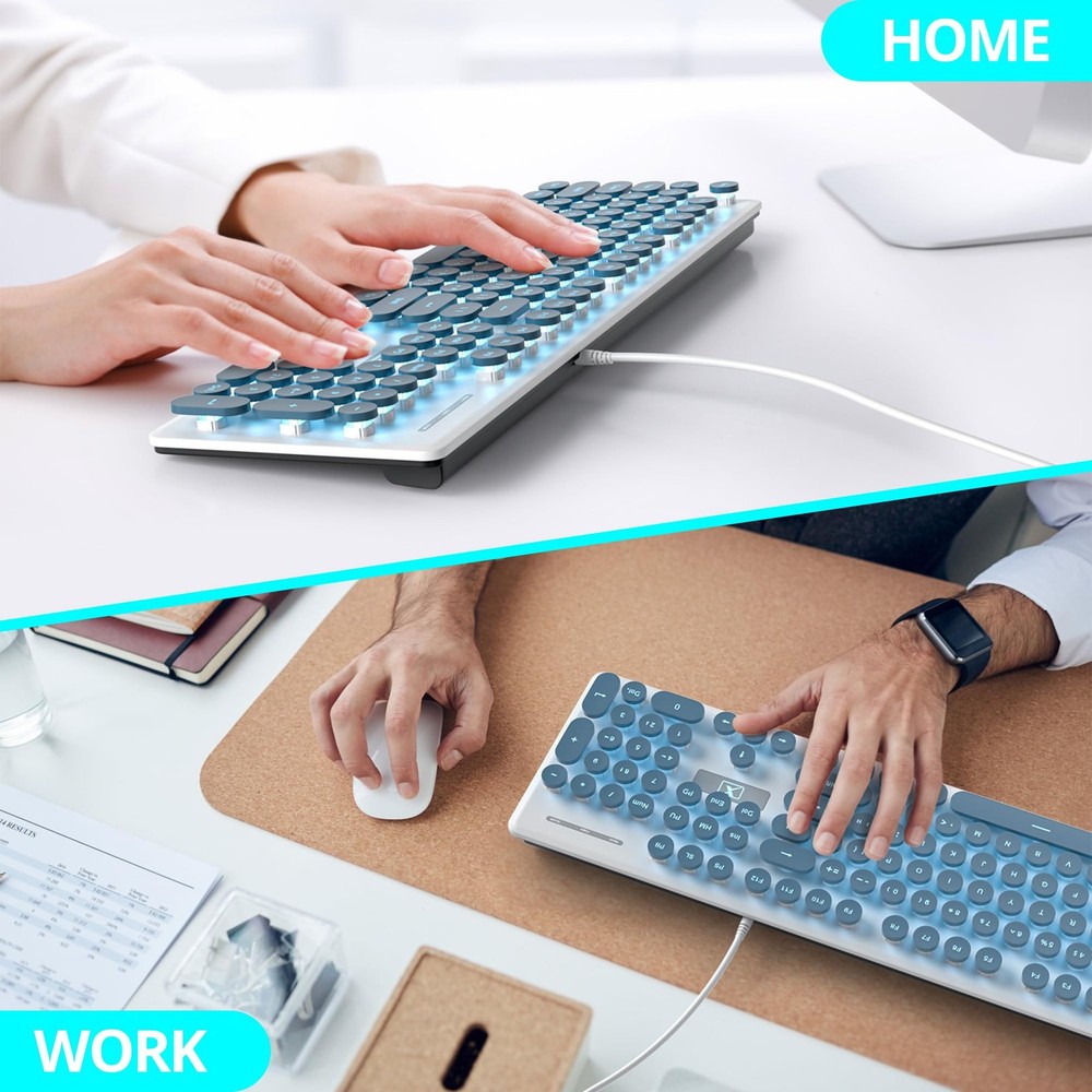 Full Size Blue Typewriter Keyboard 104Key Retro Punk LED Backlit Wired USB