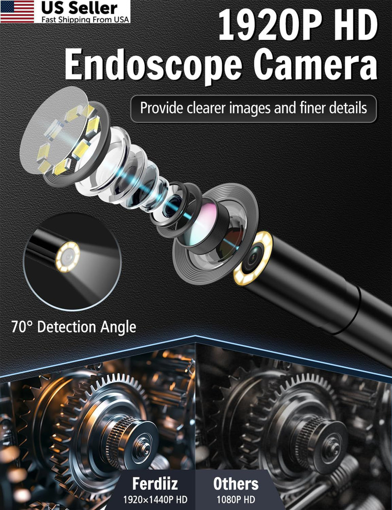 Endoscope Camera with Light, 1920P HD Borescope 8 Adjustable LED black