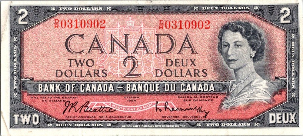 VINTAGE CANADA BANKNOTE 1954 2  DOLLAR  PREFIX DR    NO433