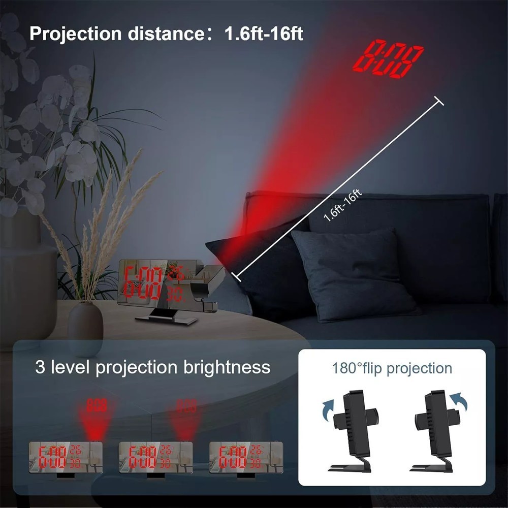 2X LED Digital Projection Alarm Clock with 180° Projector Multifunctional Clock