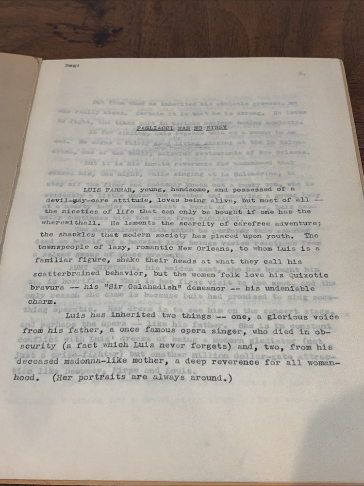 Original Screenplay Synopsis “Pagliacci Was No Sissy” Bruce Craig Script