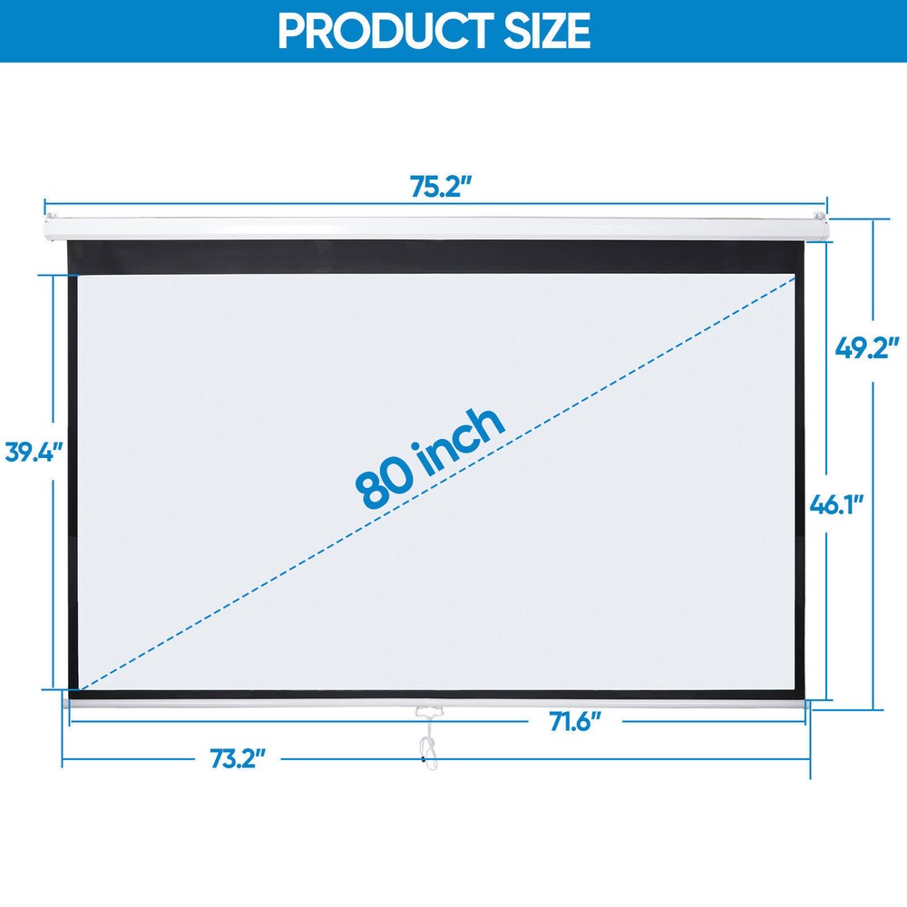 80" Manual Pull Down Projector Screen Wall & Ceiling Mounted HD Screens Portable