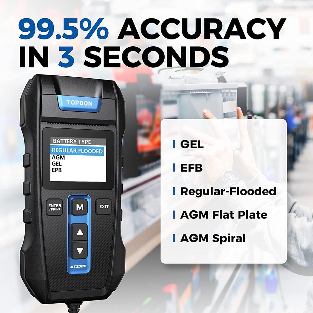 BT300P Battery Tester Compatible with Multiple Battery Types One-Button Printing