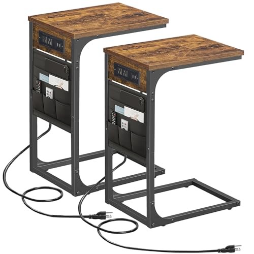 C Shaped End Table with Charging Station, Side Table for Sofa, Couch 2 Brown