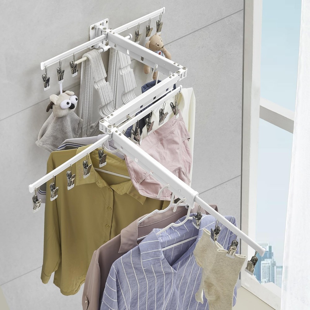 Clothes Drying Rack Retractable Wall Mounted, Tri-Fold Space Saving Collapsib...