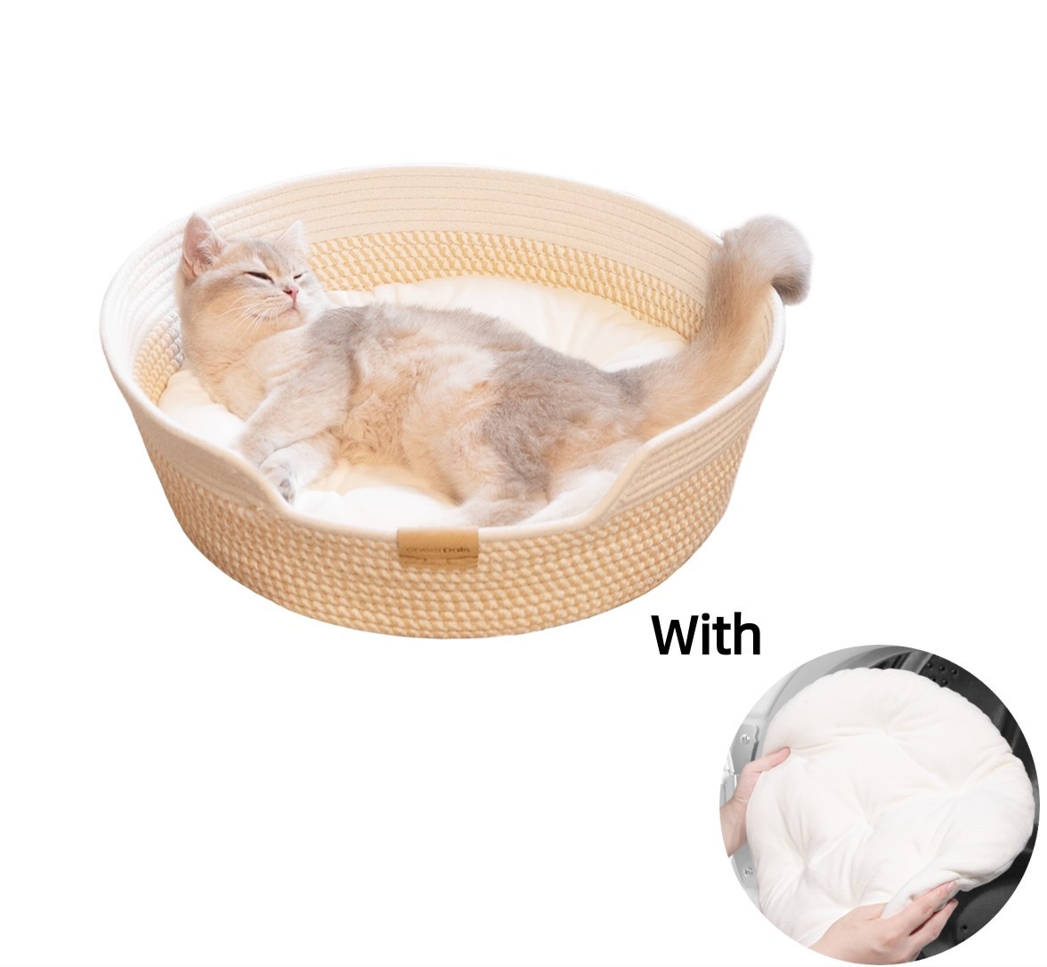 Cat Bed Basket with Cushion, 19*19*6in 2-in-1 Cotton Pet Couch for Indoor Cats