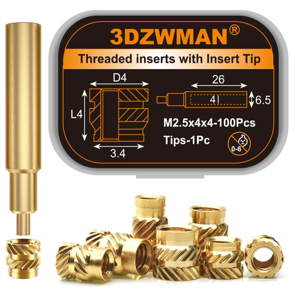 M2.5 Threaded Inserts for Plastic-100Pcs M2.5Xl4Xd4 with Heat Set Insert Tools-B