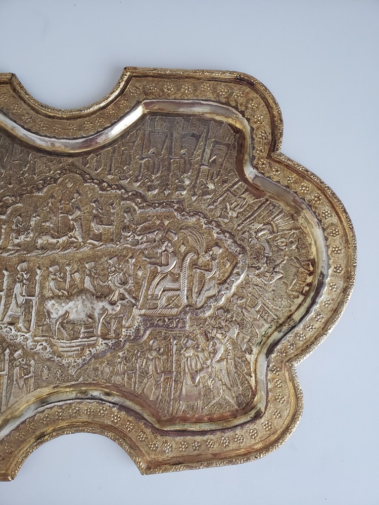 Handcrafted Middle Eastern Serving Tray. Ancient Vartan Embossed Gilded Plateau
