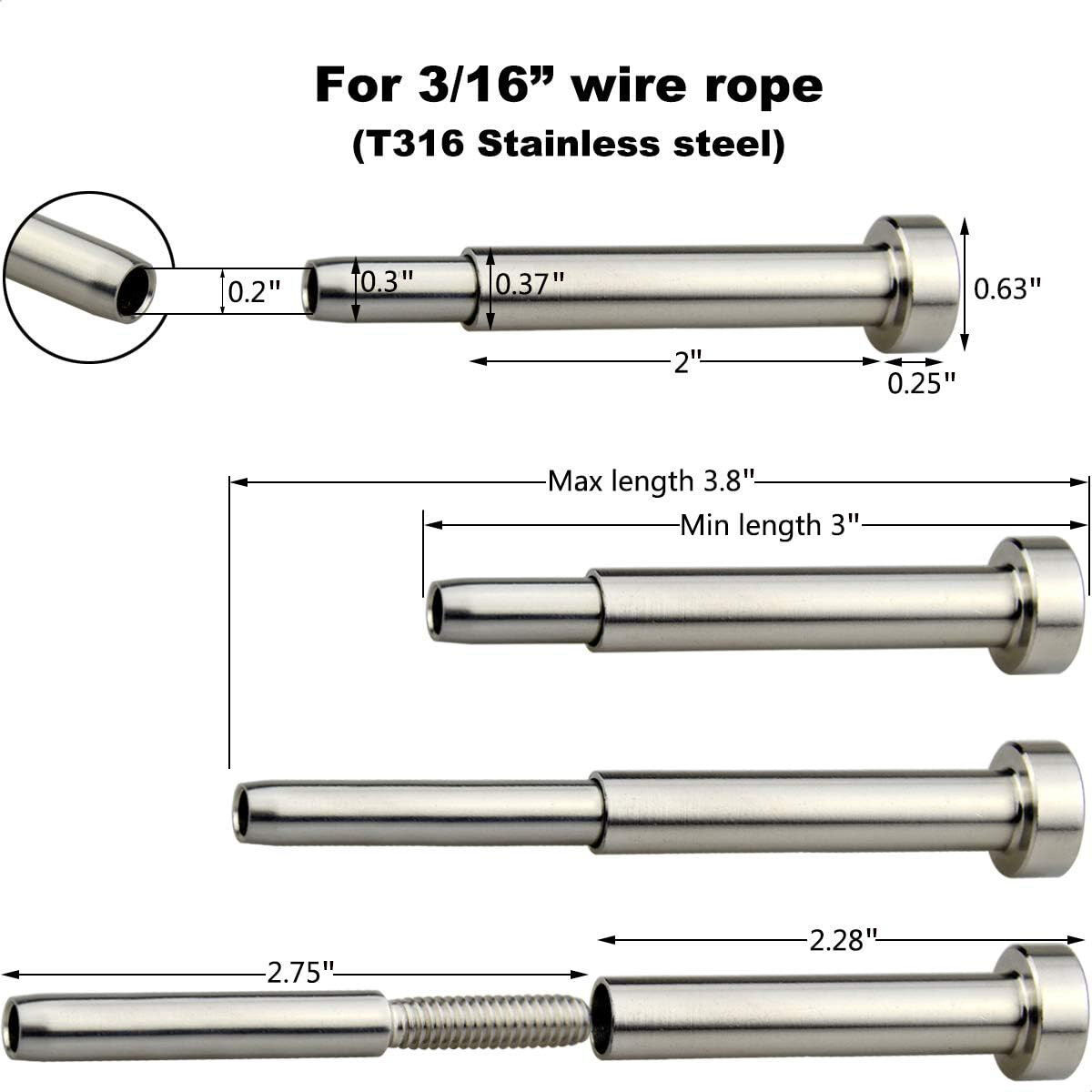 Stainless Steel Invisible Receiver Stud Swage End Fitting 3/16" Cable Railing US
