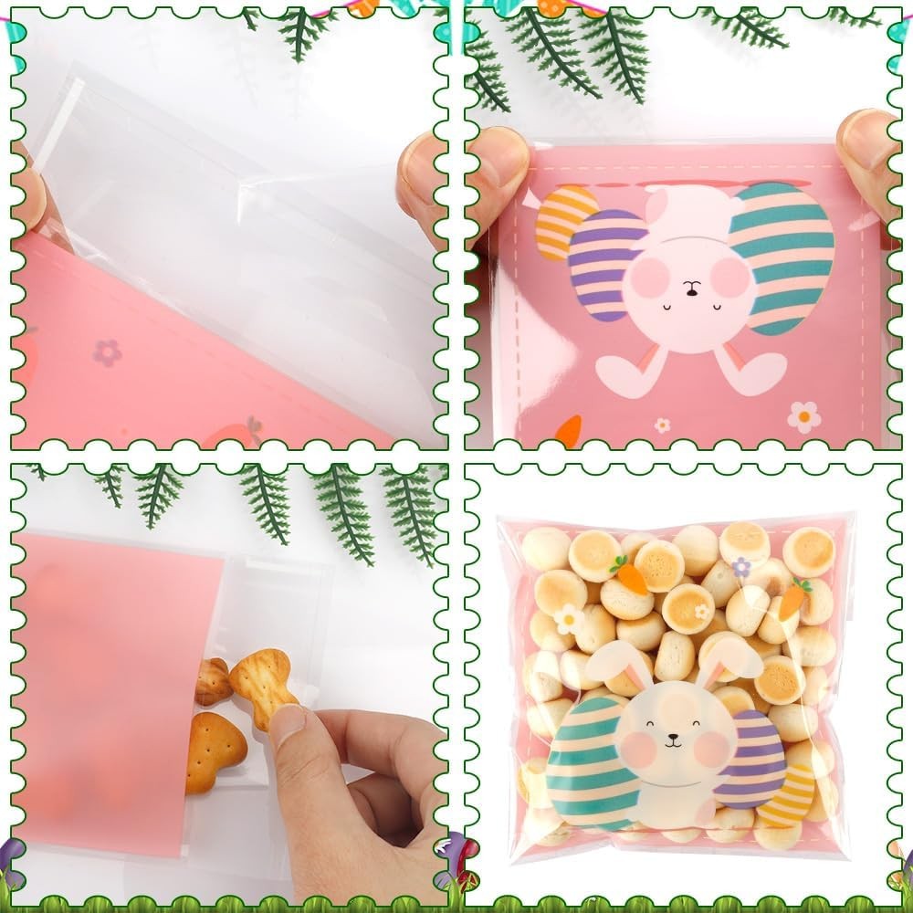 100 PCS Self Sealing Clear Easter Ziplock Bags, Easter Cellophane Treat Goodie S
