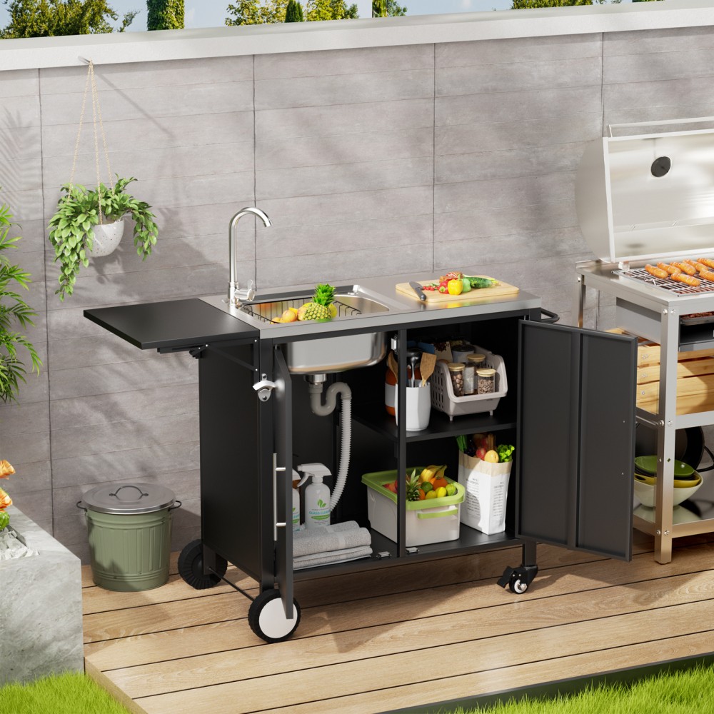 Rolling Outdoor Grill Cart with Sink Foldable Metal Worktable Storage