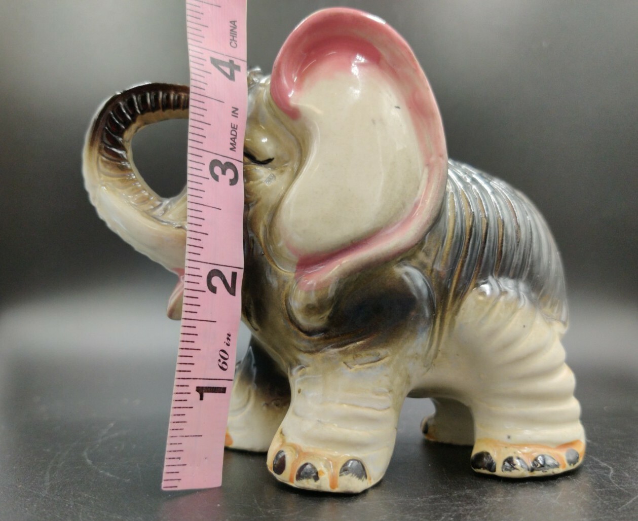 Vintage Wrinkled Ceramic Porcelain Elephant Trunk Up Figurine Good Luck