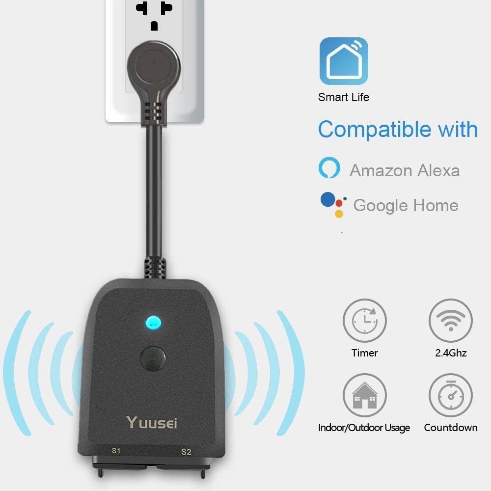 Yuusei Outdoor Smart Plug, Outlet With 2 Individual Sockets