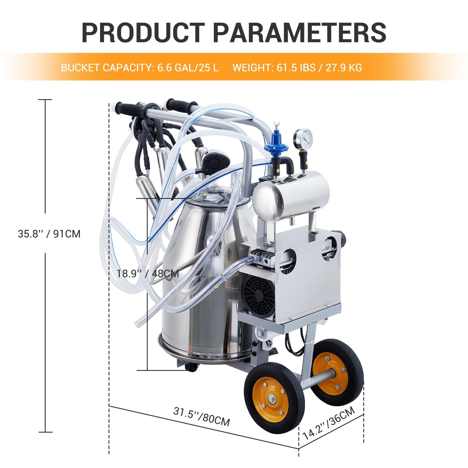 55KPA 1500 RPM Electric Milking Machine 25L Bucket 5-8 Cows Per Hour 120V Milker
