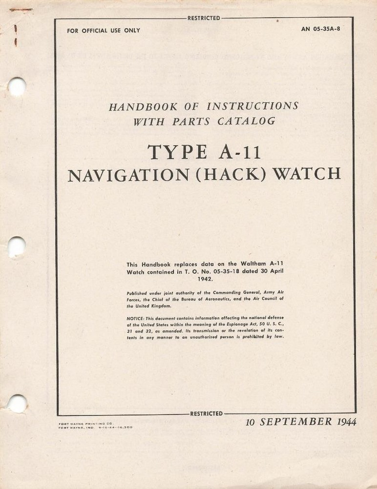 1944 AAF WALTHAM TYPE A-11 NAVIGATION HACK WATCH PILOT FLIGHT MANUAL HANDBOOK-CD