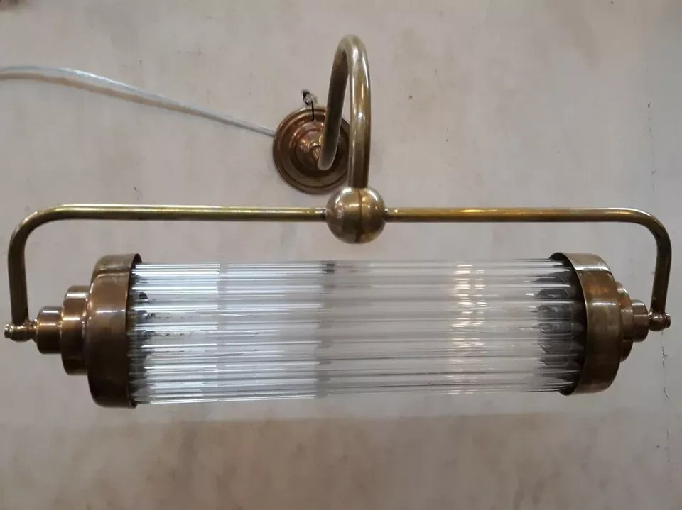 Antique Vintage Art Deco Brass & Glass Rod Ship Light Fixture Wall Sconces Lamp