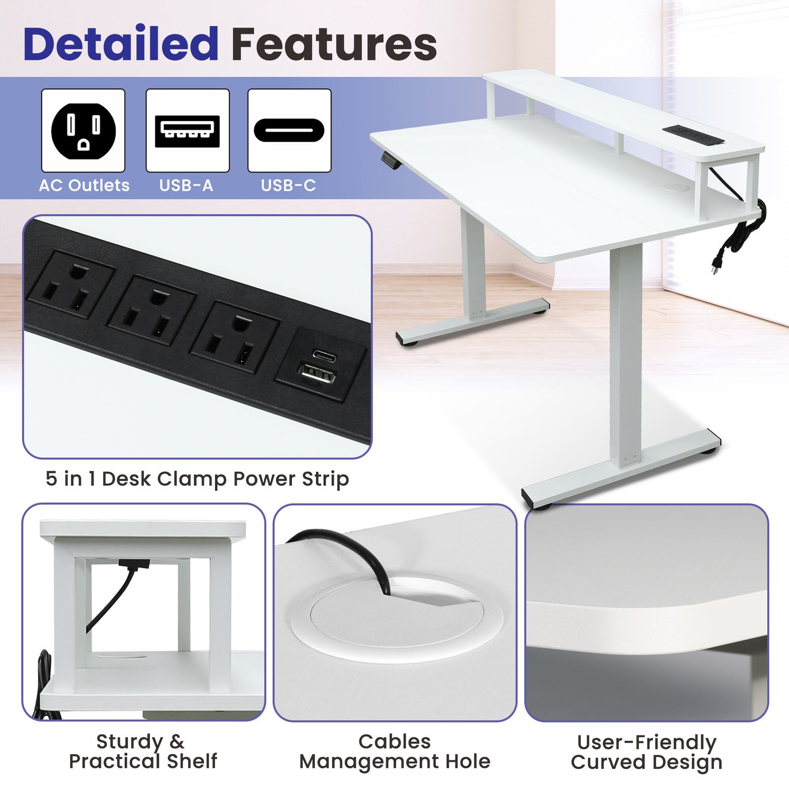 47 x 24 Inch Adjustable Standing Desk Computer Office Table White w/ Power Strip