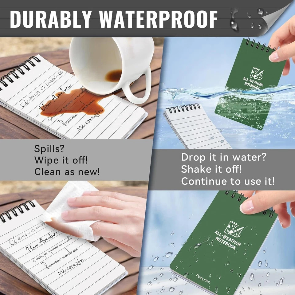6 Pack Waterproof Notebook, 3" X 5" Top-Spiral Pocket Notepad with 100 Lined Pag