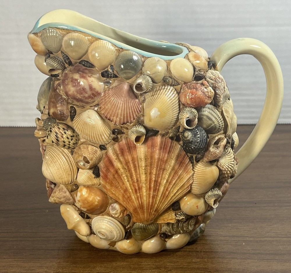 Vintage Seashell Covered Ceramic Pitcher