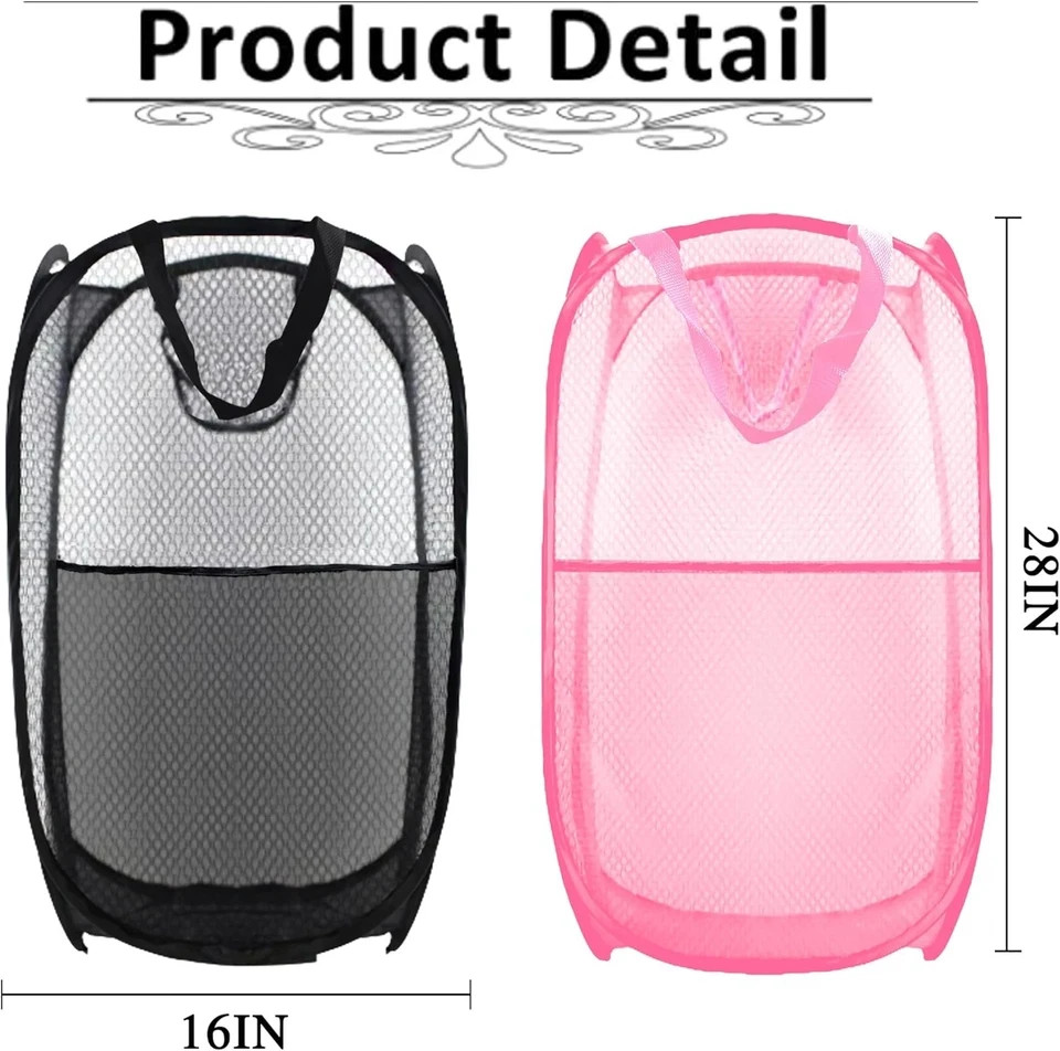 Collapsible Pop Up Laundry Hamper, Mesh Foldable Extra Large, 2P Black+Pink
