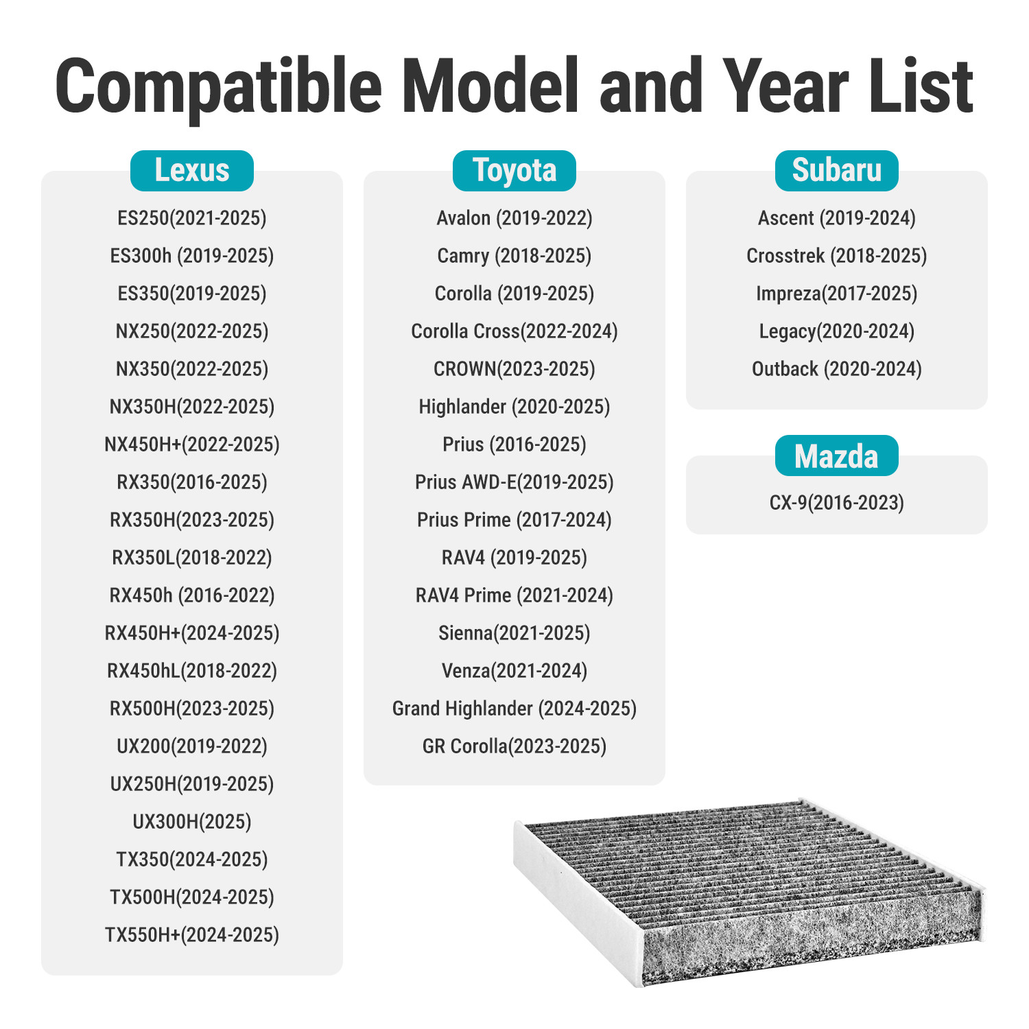 CF12157 Activated Carbon Cabin Air Filter Toyota Rav4 Prius Prime Corolla Camry