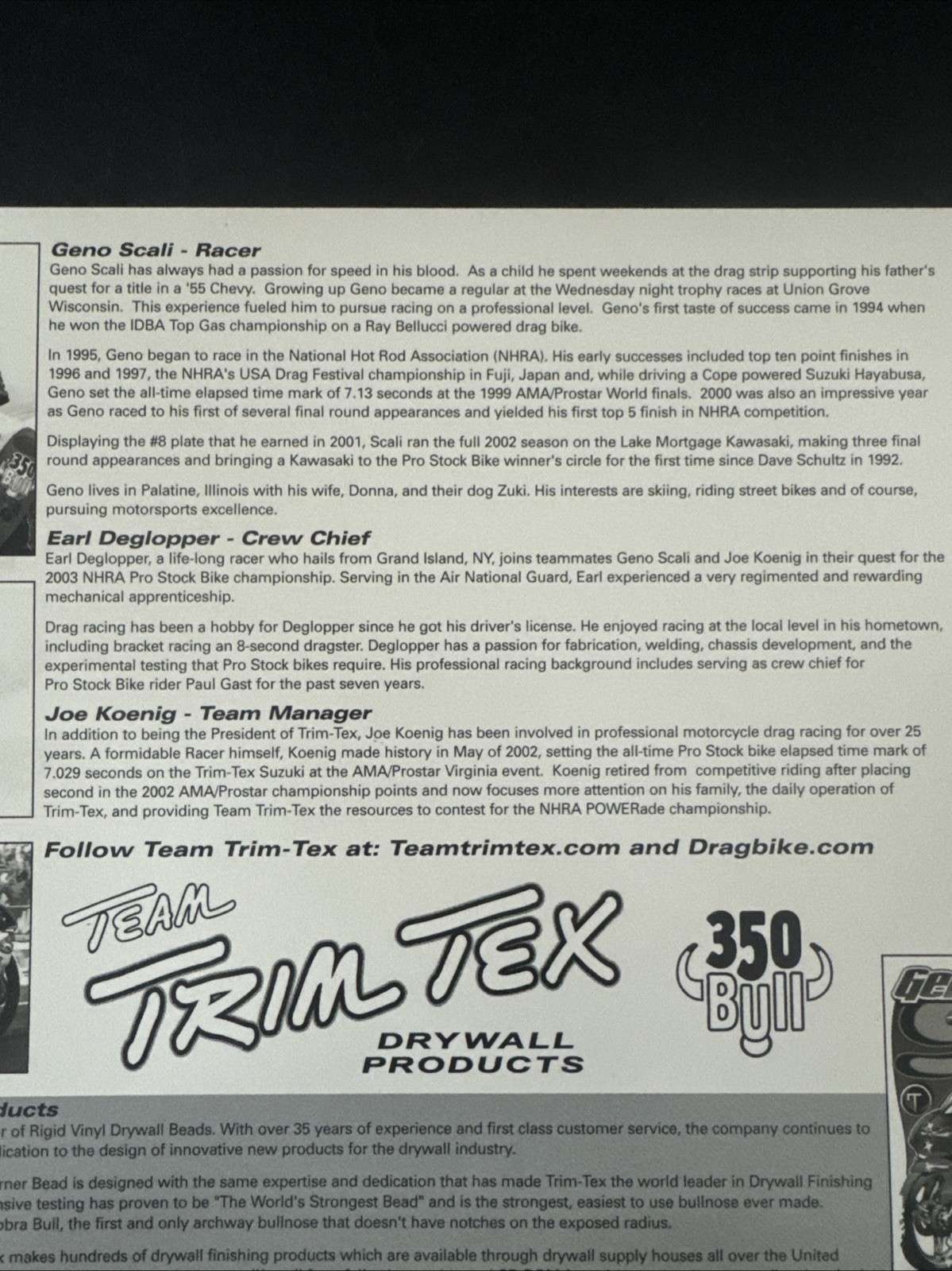 Geno Scali Autographed Racing Card Handout NHRA Pro Stock Motorcycle Trim-Tex