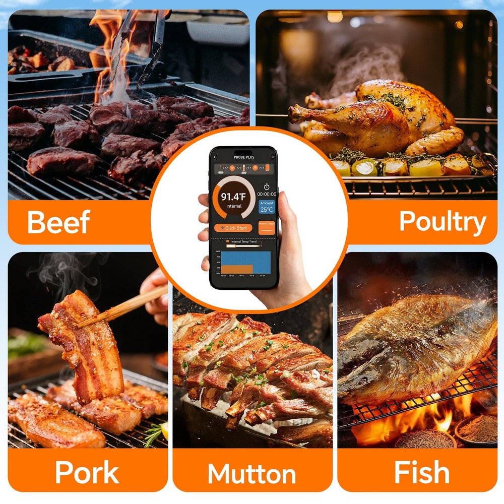 Wireless Meat Thermometer Digital with Bluetooth App Control, Rechargeable Gr...