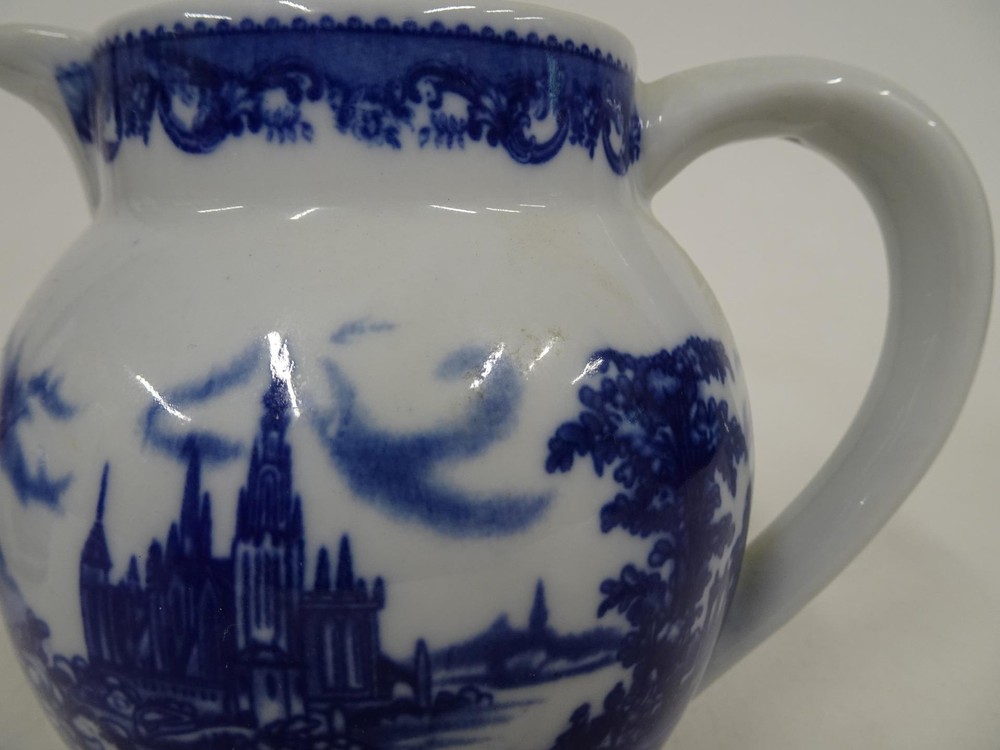 Pair Matching Ceramic Pitcher Creamers w Blue Castle Pattern