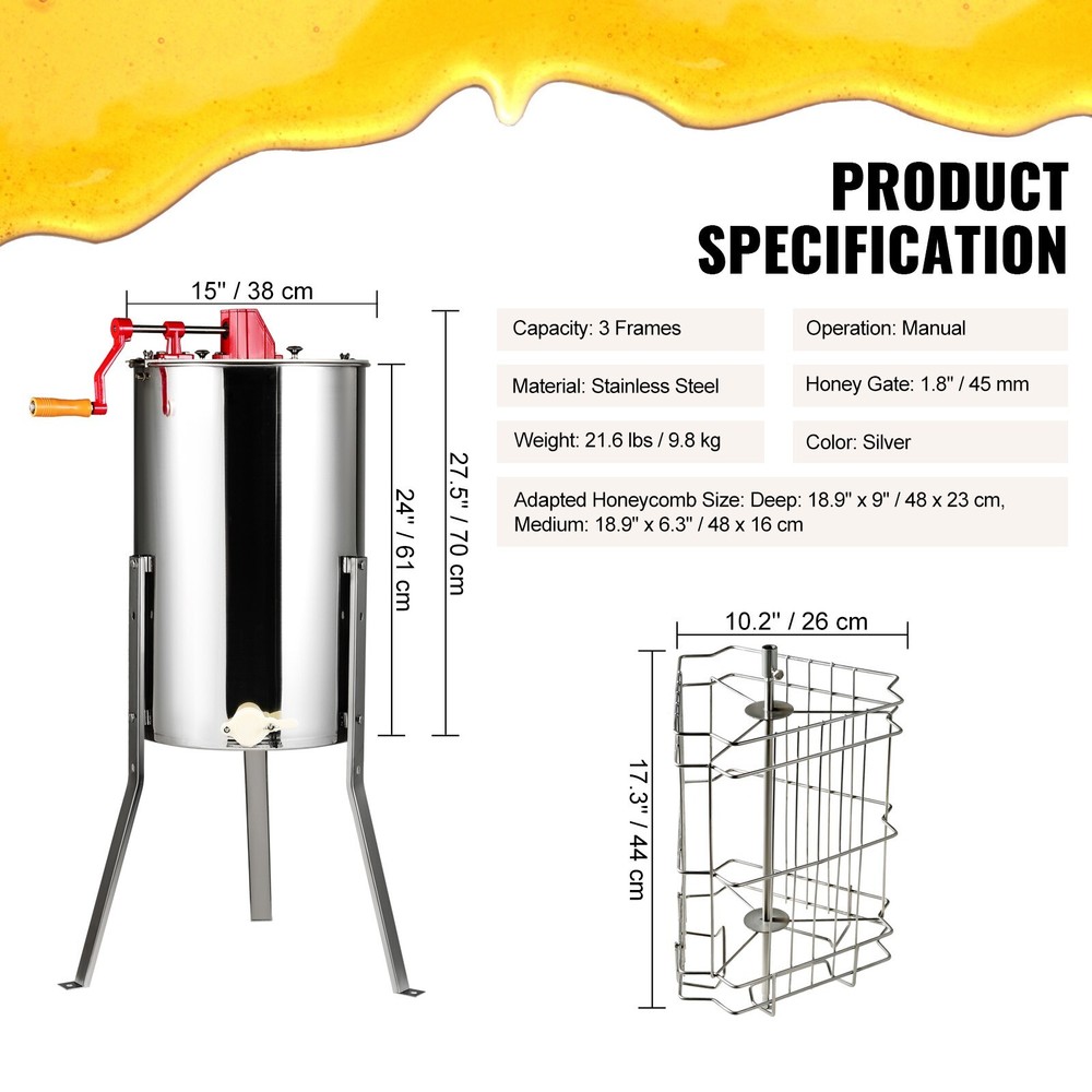Manual Honey Extractor Beekeeping Equipment 3 Frames Stainless Steel
